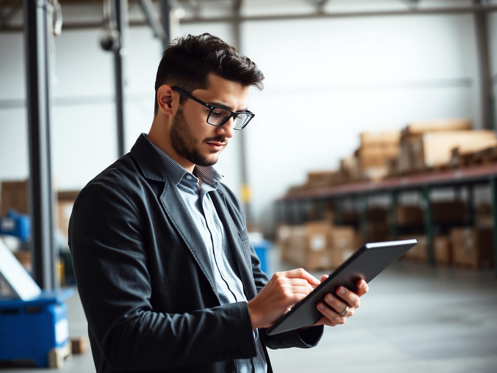 Small business owner reviewing operations on a tablet in a warehouse